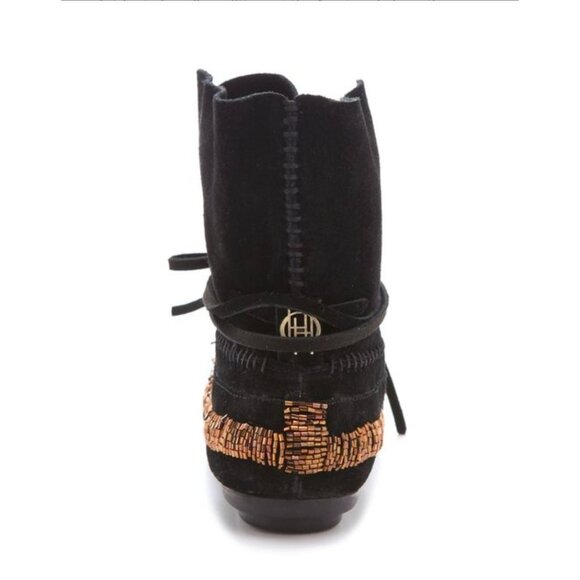 House of Harlow 1960 Beaded Suede Lace-Up Moccasin Boots Black Gold Boho Festiva - Picture 10 of 16